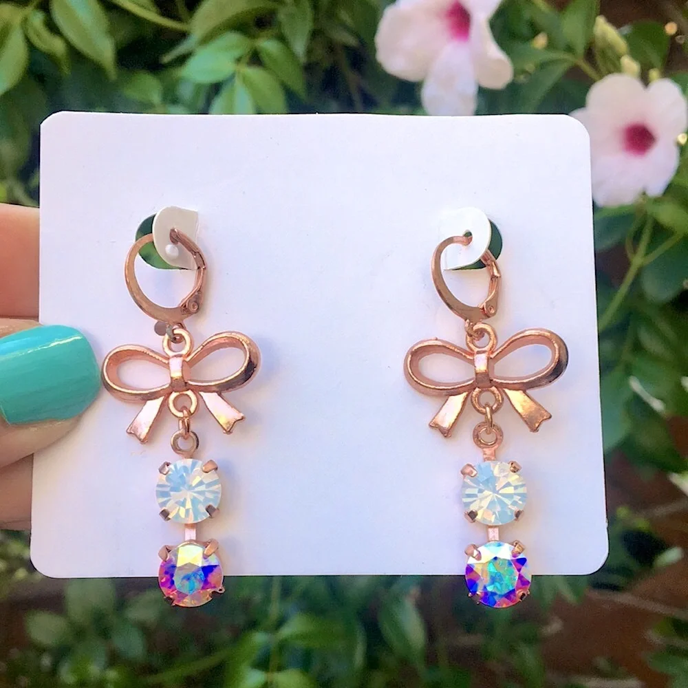 White Opal + Aurora Borealis Crystal Rose Gold Bow Earrings